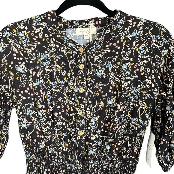 NWT Jessica Simpson Smocked Floral Print Button Front Dress Black - Picture 2 of 7